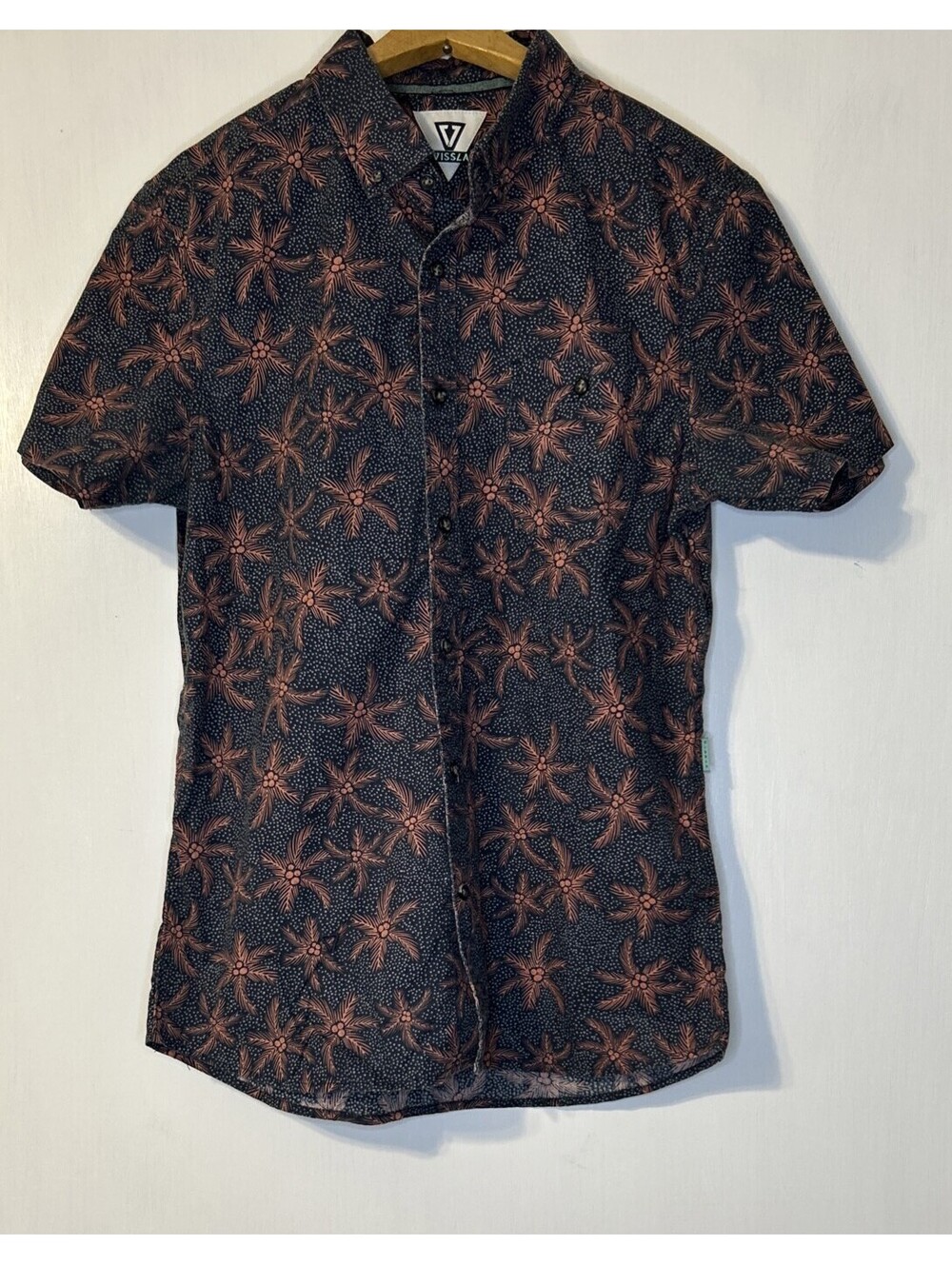 Vissla Mens Small Blue Orange Palm Tree Cotton Blend Short Sleeve Button Down